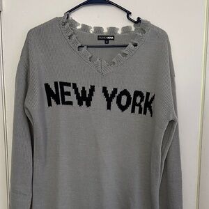 Fashion Nova Gray V-Neck Fringe 'NEW YORK' Sweater